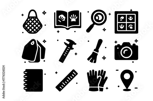 Shell Collecting Icons. Shell Collecting Tools. Solid icons set of Shell Collecting Tools: mesh bag, field guide, magnifying glass, specimen box, labeling