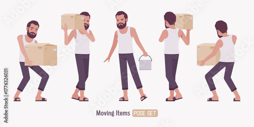Middle aged man, casual relaxed wear moving boxes pose set. Bearded guy white, sleeveless wifebeater undershirt, comfy lounge pajama jogger pants, slippers. Vector flat style cartoon illustration