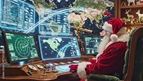 Santa Claus operates a high-tech global tracking system with maps and digital screens in his workshop