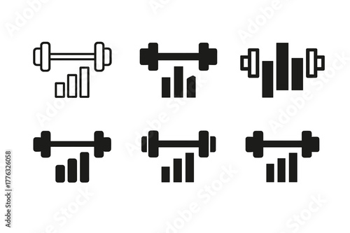 Diverse Training Load Logos. Training load. Set Logo of Training load: barbell combined with bar chart. harmonious logo variations of the same emblematic