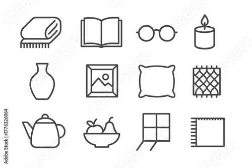 Cozy Home Icons. At Home Details. Line icon set of At Home Details: soft blanket, book, glasses, candle, ceramic vase, framed photo, cushion, knit texture,