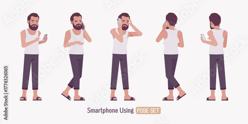 Middle aged man, casual relaxed wear smartphone call pose set. Bearded guy white, sleeveless wifebeater undershirt, comfy lounge pajama jogger pants, slippers. Vector flat style cartoon illustration