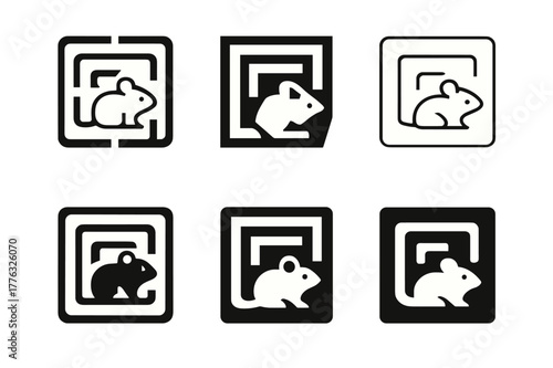 Animal Consciousness Logos. Exploring the consciousness of animals. Set Logo of exploring the consciousness of animals: mouse navigating maze. Icon set.