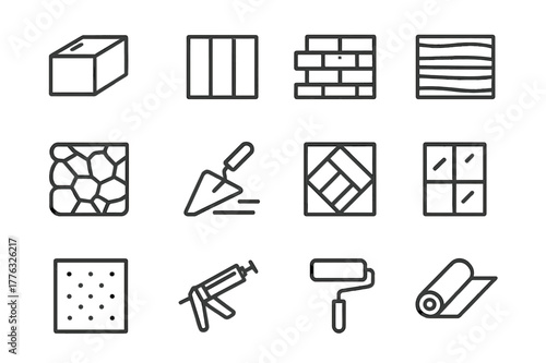 Exterior Material Icons. Exterior Materials. Line icon set of Exterior Materials: concrete block, metal panel, brick wall, wood slat, stone veneer, stucco