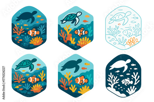 Coral Reef Logos. A vibrant coral reef teeming with colorful fish, sea turtles, and coral formations. Set Logo of A vibrant coral reef teeming with colorful