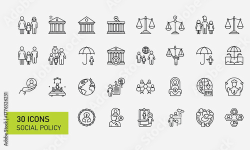 Set of thirty icons illustrating social policy, encompassing diverse aspects of societal well-being and governance