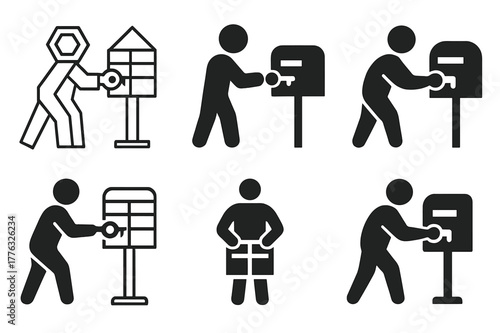 Mail Icon Variations. Bringing in the mail. Icon set. Set Logo of bringing in the mail: key unlocking community mailbox door. harmonious logo variations of the