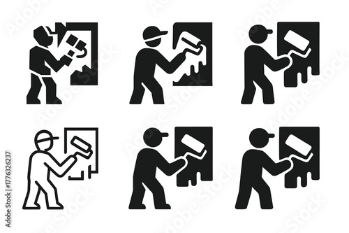 Street Art Logos. Street artist working on artwork. Set Logo of Street artist working on artwork: paint roller and stencil. Icon set. harmonious logo