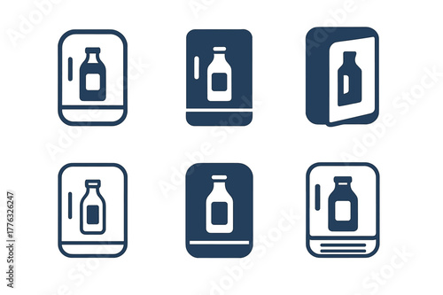 Cold Brew Icons. Cold brew setup. Set Logo of Cold brew setup: fridge door with cold brew bottle inside. Icon set. harmonious logo variations of the same