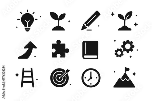 Growth Mindset Icons. Growth Mindset. Solid icons set of Growth Mindset: light bulb, plant sprout, broken pencil, seedling, upward arrow, puzzle piece, book,