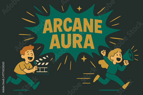 Joyful Arcane Explosion. Arcane aura banner, flat vector illustration, bold oversized text inside splash explosion, cartoon characters running and shouting