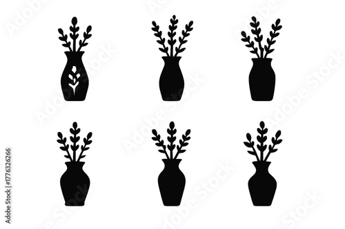 Lavender Vase Logos. tabletop flower vase. Set Logo of tabletop flower vase: tall vase with lavender stems. Icon set. harmonious logo variations of the same