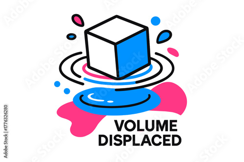 Fluid Displacement Dynamics. Displacement in Fluids. A floating cube pushes water down; ?Volume Displaced? appears in minimal sans-serif type. Droplets and