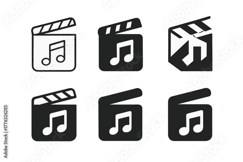 Music Video Logos. Music video shoots and production. Set Logo of Music video shoots and production: clapperboard with musical note. Icon set. harmonious logo