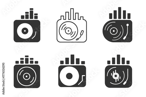 Music Genre Fusion Icons. Genre blending in music. Icon set. Set Logo of genre blending in music: record player with digital equalizer bars. harmonious logo