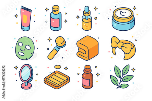 Natural Beauty Icons. Natural beauty routine. Colorful isometric vector icons set of natural beauty routine: cleanser, toner, serum, moisturizer, face mask,