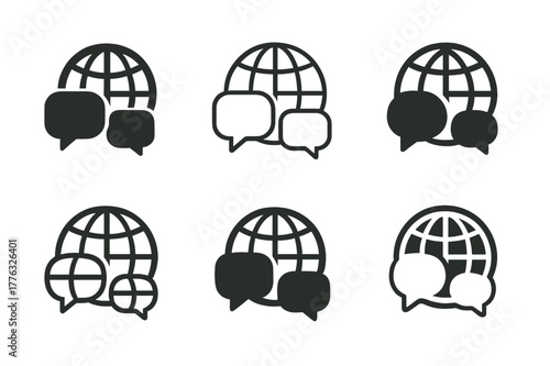 Translation AI Logos. language translation AI. Set Logo of language translation AI: globe merging with chat icons. Icon set. harmonious logo variations of the