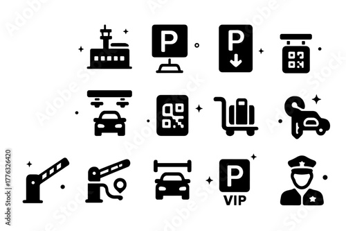 Airport Parking Icons. Airport smart parking. Solid icons set of Airport smart parking: terminal silhouette, long-term sign, short-term sign,