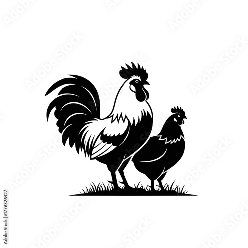 Rooster and Hen Silhouette Illustration – Farm Chicken Poultry Vector Art