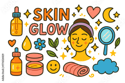 Radiant Skincare Doodles. Skin Glow. Colorful Hand-drawn doodle Children illustration Skin Glow radiant face, sparkle, serum bottle, cream jar, droplet,