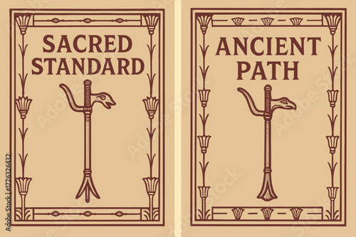 Ancient Egyptian Banners. Ancient Standard. Two vertical A6 banners with safe margins, centered composition, no elements touching edges, retro, maroon and