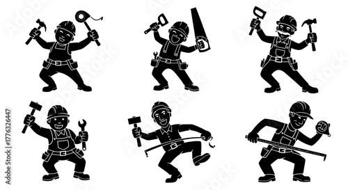 Construction Worker Silhouettes Set Handyman Carpenter Builder Toolkit Collection