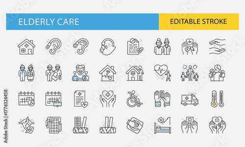 Elderly Care Thin Line Icons Home Assistance, Support Services and Medical Help