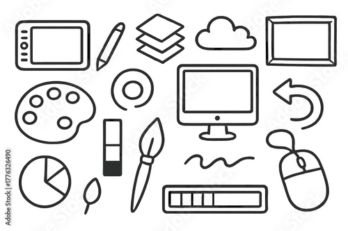 Digital Art Icons. Digital painting. Hand-drawn doodle illustration digital painting tablet, stylus, monitor, layers icon, color picker, brush icon, undo