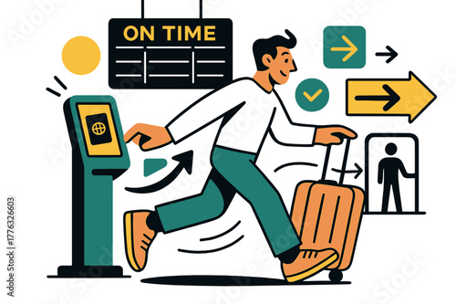 Dynamic Airport Check-In. Airport check-in. He glides a suitcase past a glowing kiosk as the ?On Time? board flips; a passport icon winks. Arrows guide him