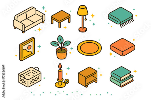 Minimalist Living Room Icons. Minimalist living room decor. Colorful isometric vector icons set of Minimalist living room decor: neutral sofa, low table,