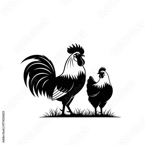 Rooster and Hen Silhouette Illustration – Farm Chicken Poultry Vector Art