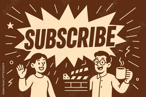 Comic Banner Extravaganza. Viewers banner, comic burst, bold oversized text inside banner, cartoon characters standing and waving, holding clapper board and