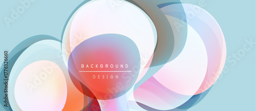 Abstract circles overlap, creating vibrant color gradients. Light blue backdrop complements orange, pink hues. Modern design element.
