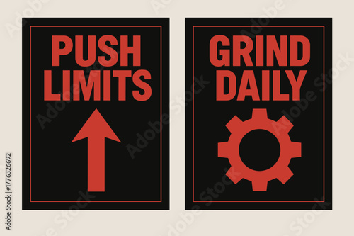 Push Limits Banner. Push limits. Two vertical A6 banners with safe margins, centered composition, no elements touching edges, brutalist, black and red, objects