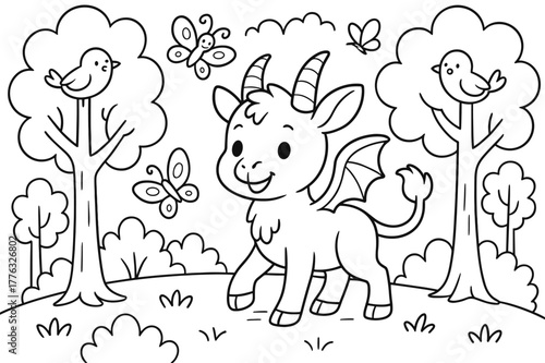 Chimera Forest Adventure. Friendly fantasy forest children?s coloring book illustration, outlined drawing, a cheerful chimera walking among trees with smiling