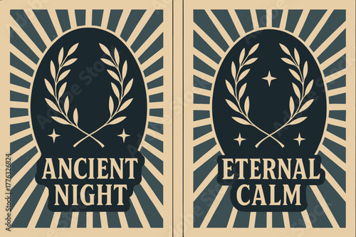 Vintage Night Banners. Ancestral Darkness. Two vertical A6 banners with safe margins, centered composition, no elements touching edges, retro, indigo and