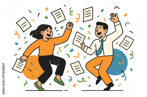 Joyful Office Celebration. Joyful Workplace. Two coworkers dancing with documents flying and colorful confetti, celebrating a successful work year. Movement
