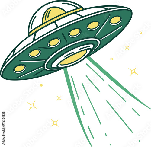 Green cartoon ufo flying saucer with beam of light on white background.