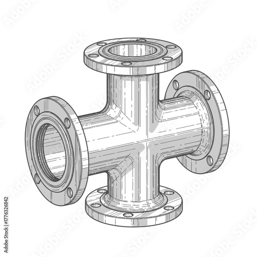 Industrial Pipe Tee Joint Flanged Fitting Engineering Sketch Vector Illustration