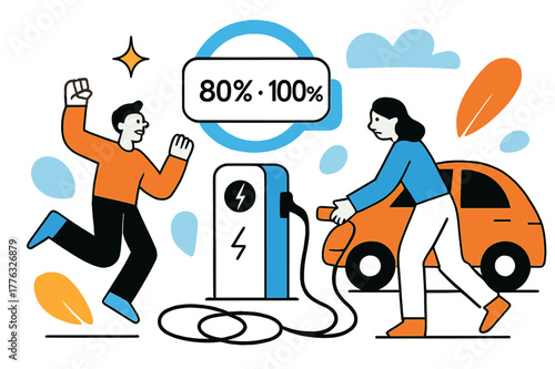 Electric Car Charging. EV Charging Hub. A car docks with a satisfying click; a haloed screen reads ?% > %.? Cable loops form friendly spirals on the ground.