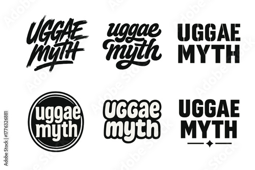 Uggae Lettering Variations. Uggae Myth. Set lettering. harmonious lettering variations of the same emblematic concept, each with different artistic