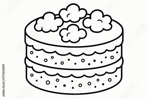 Fluffy Cake Coloring. Fluffy sponge cake children?s coloring book illustration, outlined drawing, a round cake with airy layers and a few puffy clouds of