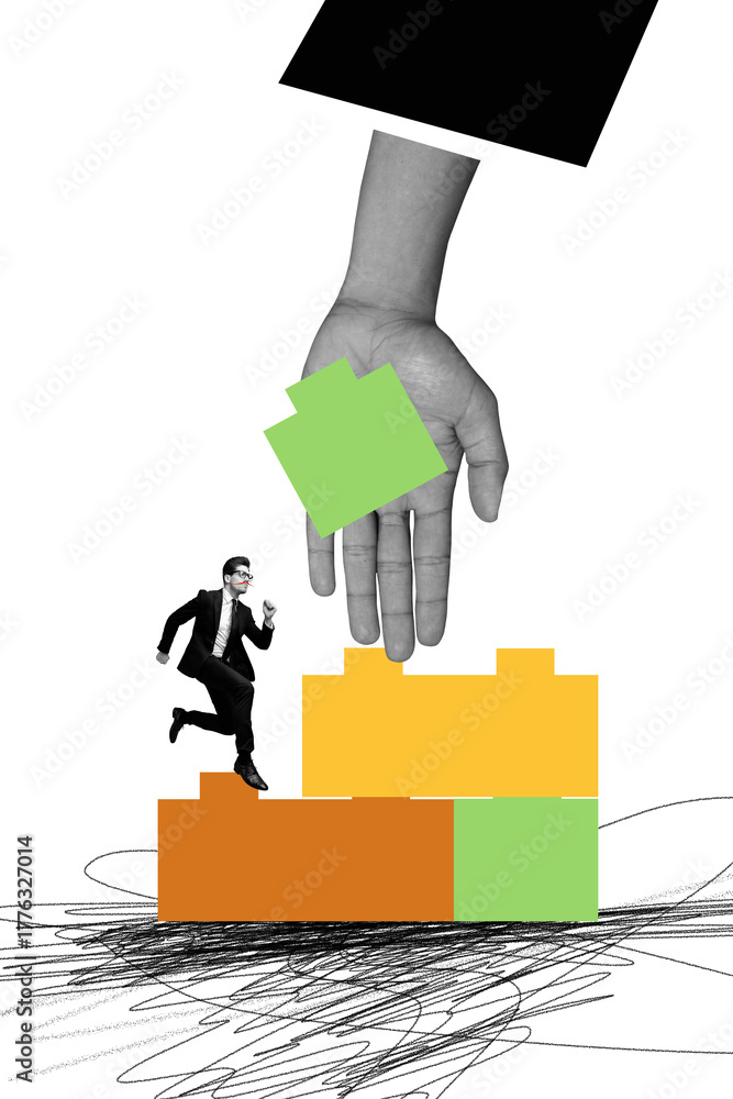 Obraz premium Trend artwork banner sketch 3D photo collage of young guy run ladder up lego blocks match hr business occupation entrepreneur office