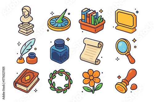 Literary Garden Icons. Literary garden elements. Colorful isometric vector icons set of Literary garden elements: stone statue, sundial, bookshelf planter,