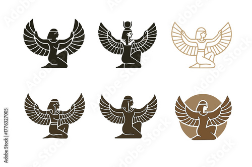 Mystical Deity Logos. Ancient gods and goddesses in a mystical landscape. Set Logo of Ancient gods and goddesses in a mystical landscape: Isis wings. Icon set.