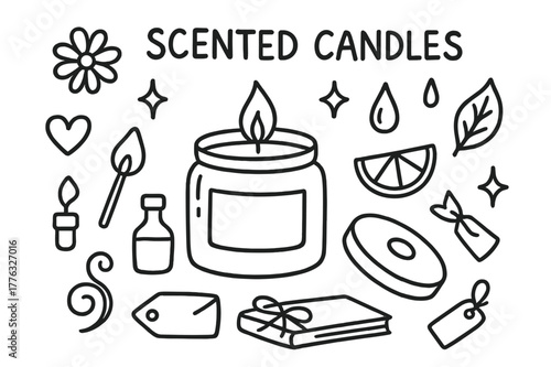 Scented Candle Doodle. Scented candles. Hand-drawn doodle illustration Scented candles glass jar, lid, flower, citrus slice, droplet, leaf, sparkle, book,