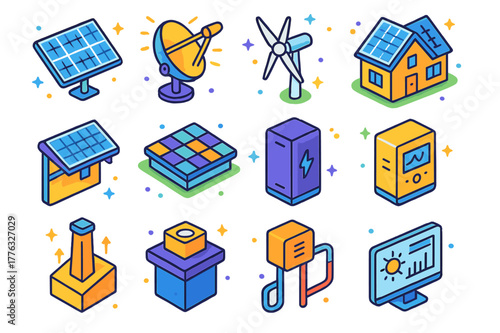 Isometric Renewable Energy Icons. renewable energy features. Colorful isometric vector icons set of renewable energy features: photovoltaic panels, solar