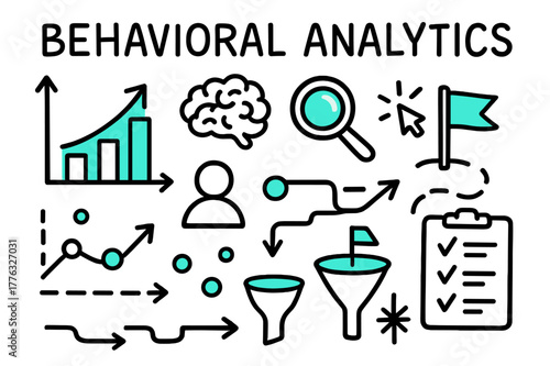Behavioral Analytics Doodles. // Behavioral analytics. Hand-drawn doodle illustration Behavioral analytics [graph (accented), magnifying glass (accented),