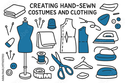 Hand-Sewn Fashion Icons. // Creating hand-sewn costumes and clothing. Hand-drawn doodle illustration creating hand-sewn costumes and clothing [dress form