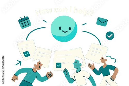 AI Assistant Dynamic Scene. AI Assistants. A friendly orb with a subtle face projects task cards into a tidy arc; caption ?How can I help?? glows above.